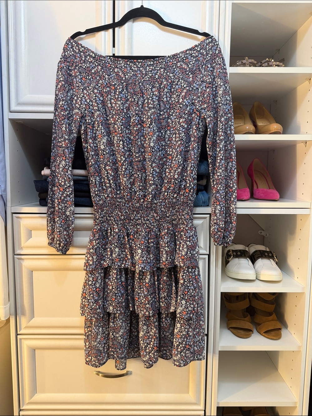 Michael Kors  blue off the shoulder Floral Smocked Tiered Long-Sleeve Dress